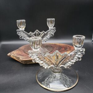 Tiffin Franciscan US Glass Double Light Candlestick Gold Trim Elegant VTG